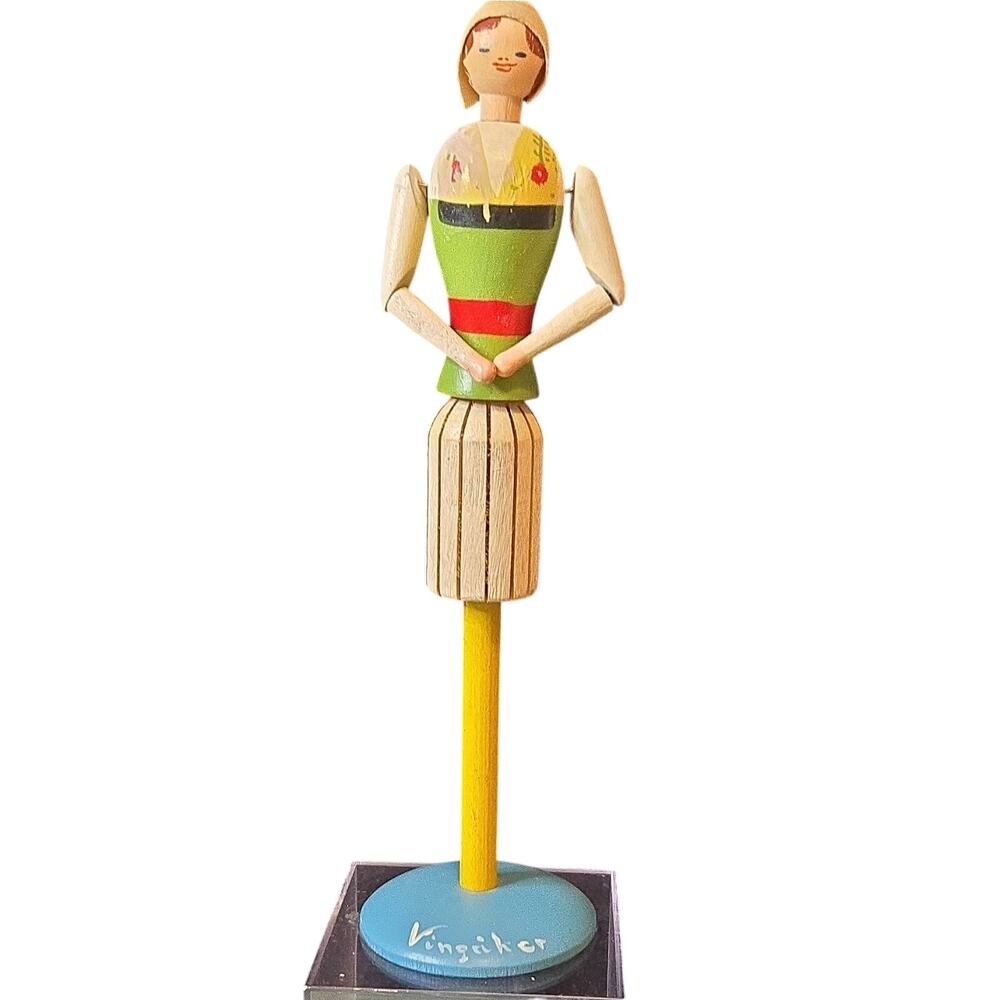 Vintage Swedish Folk Art Wooden Napkin Holder Doll Vingåker Costume Jointed Arms